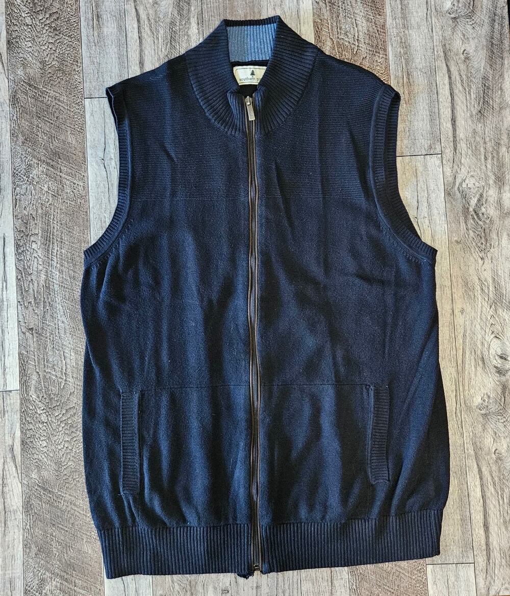 Southern Pines Sweater Vest Men L Full Zip Golf Pocket Knit Leather Quiet Luxury
